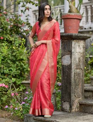 red ethnic motifs zari silk blend designer saree 5