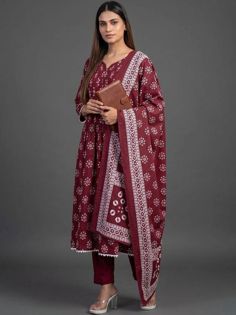 tailored women printed kurta with trousers with dupatta