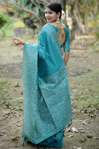 blue silk blend designer saree