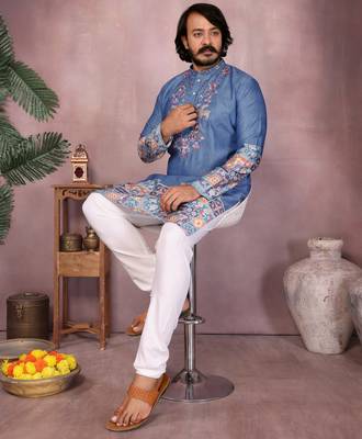Pink heavy khadi cotton embroidery sequence work and print work premium designer kurta pajama 4