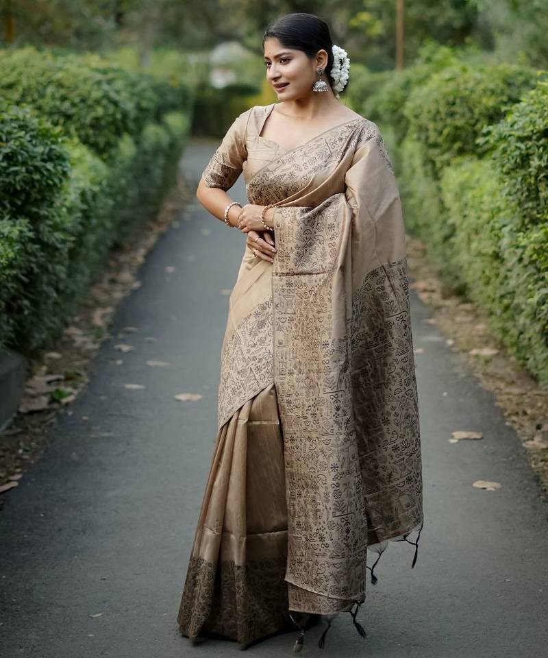 beige silk blend saree