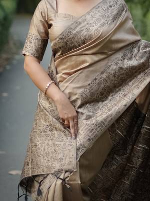 beige silk blend saree 4