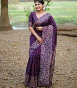 purple ethnic motifs silk blend handloom saree