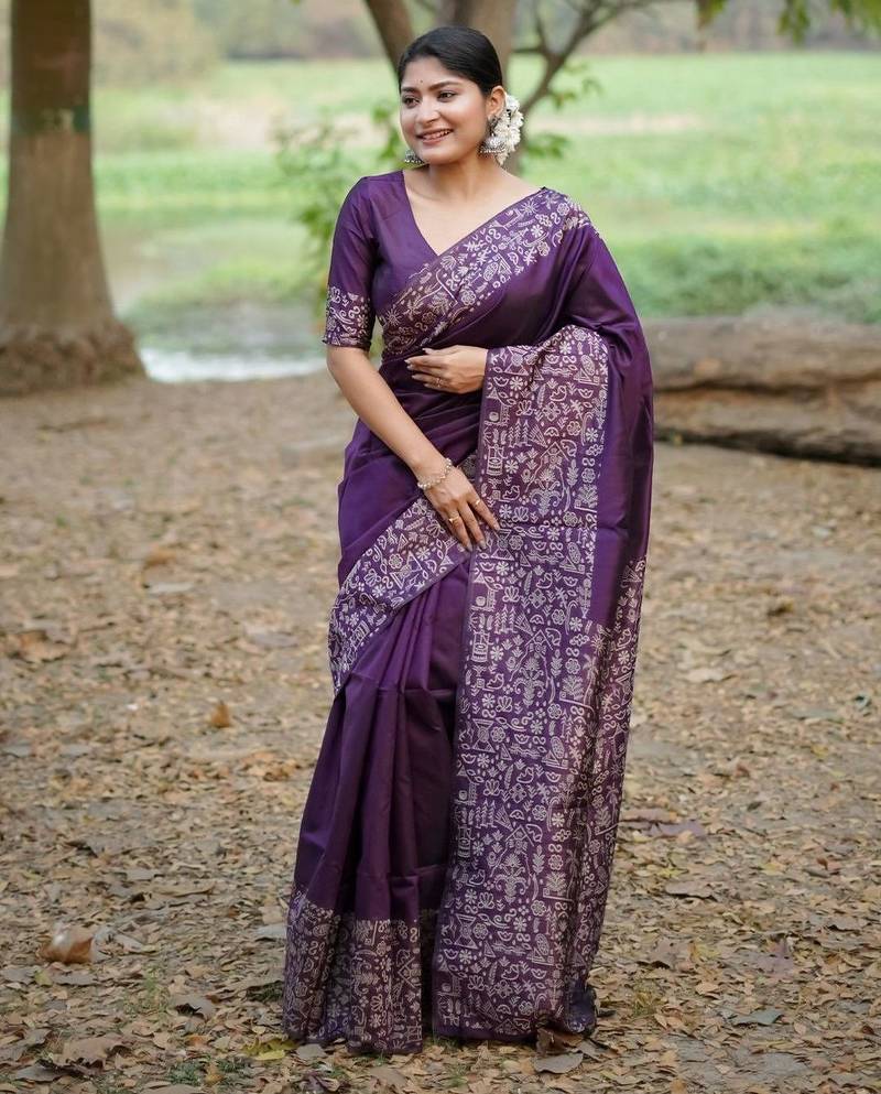 purple ethnic motifs silk blend handloom saree