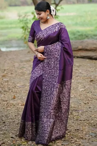 purple ethnic motifs silk blend handloom saree