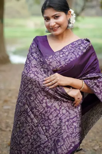 purple ethnic motifs silk blend handloom saree