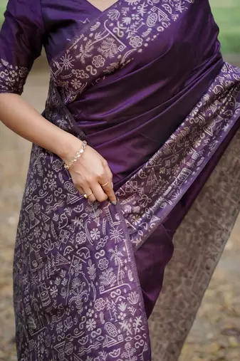 purple ethnic motifs silk blend handloom saree