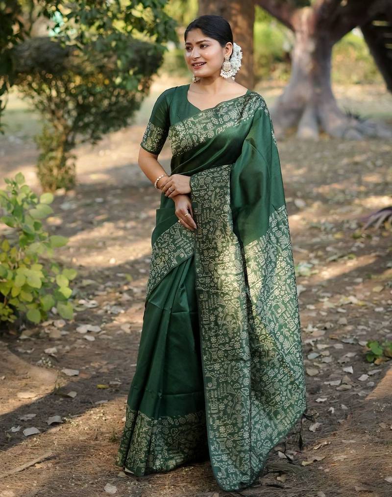 green silk blend saree
