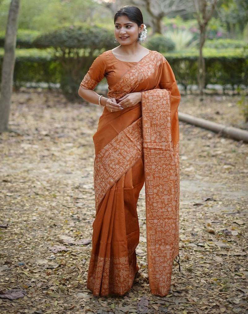 orange silk blend saree