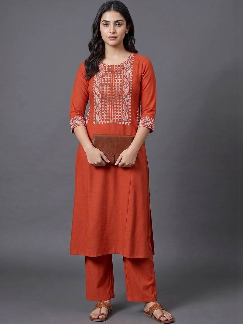 structured women embroidered kurta with trousers