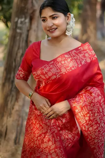 red silk blend saree