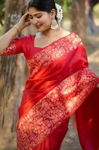 red silk blend saree