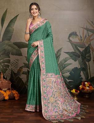 green ethnic motifs ready to wear saree with unstitched blouse piece 1