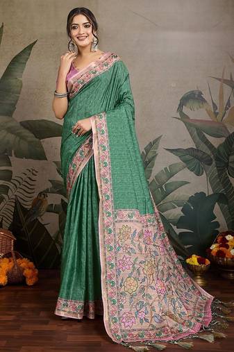 green ethnic motifs ready to wear saree with unstitched blouse piece