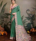 green ethnic motifs ready to wear saree with unstitched blouse piece