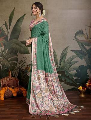 green ethnic motifs ready to wear saree with unstitched blouse piece 2