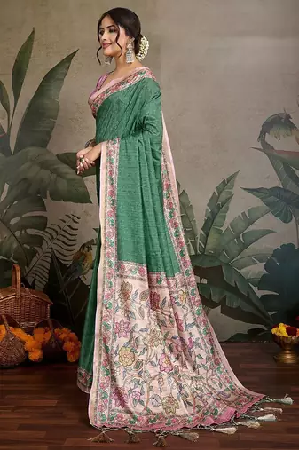 green ethnic motifs ready to wear saree with unstitched blouse piece