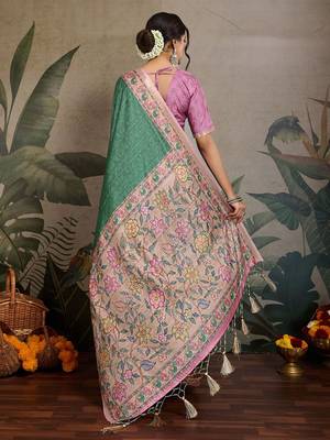 green ethnic motifs ready to wear saree with unstitched blouse piece 3