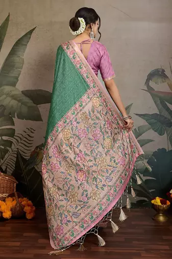 green ethnic motifs ready to wear saree with unstitched blouse piece