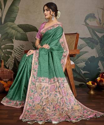 green ethnic motifs ready to wear saree with unstitched blouse piece 4