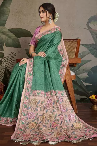 green ethnic motifs ready to wear saree with unstitched blouse piece