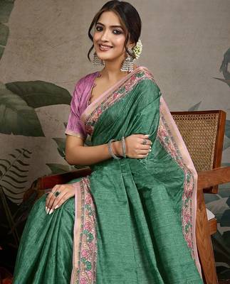 green ethnic motifs ready to wear saree with unstitched blouse piece 5