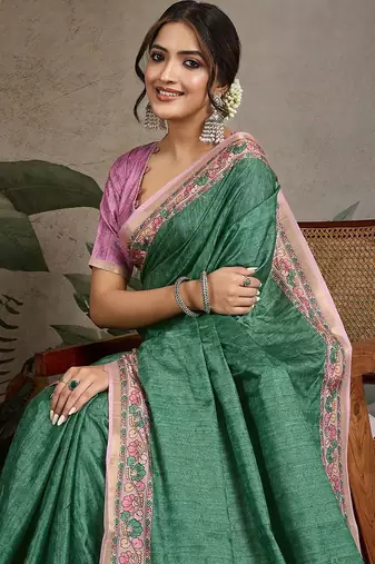 green ethnic motifs ready to wear saree with unstitched blouse piece