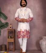 Light pink heavy linen cotton embroidery sequence work premium designer kurta pajama