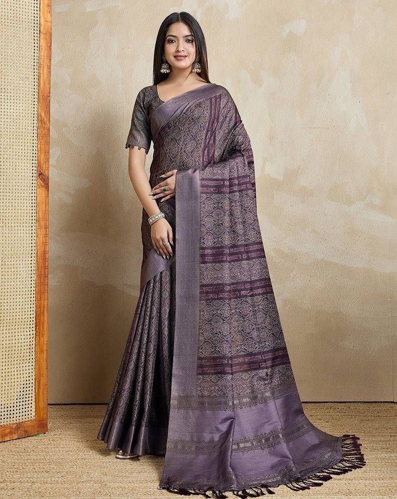 coffee ajrak printed  saree
