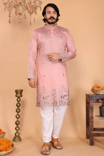 Light pista heavy linen cotton embroidery sequence work premium designer only kurta