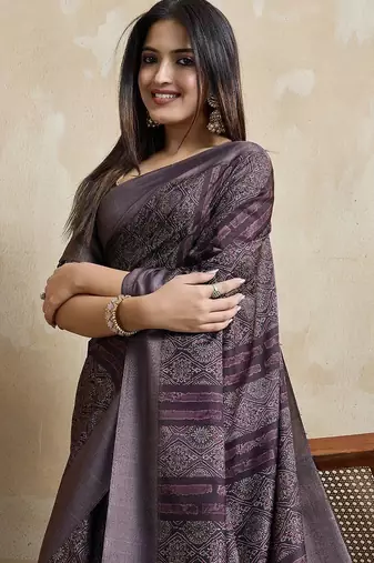 coffee ajrak printed  saree