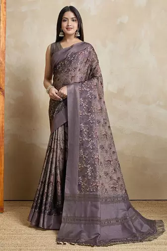 coffee ajrak block art silk handloom saree  with tassels