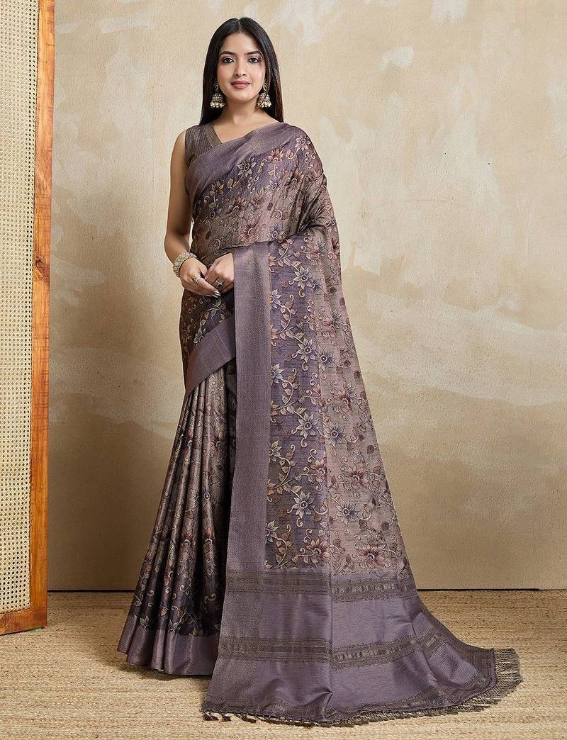 coffee ajrak block art silk handloom saree  with tassels