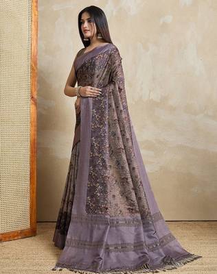 coffee ajrak block art silk handloom saree  with tassels 2