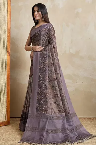 coffee ajrak block art silk handloom saree  with tassels