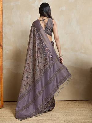 coffee ajrak block art silk handloom saree  with tassels 3