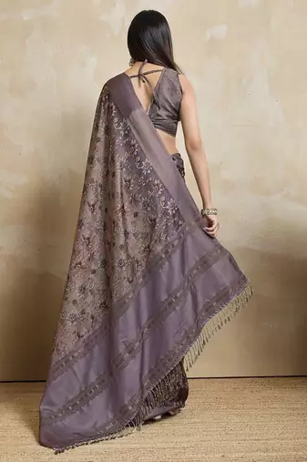 coffee ajrak block art silk handloom saree  with tassels