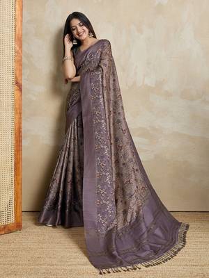 coffee ajrak block art silk handloom saree  with tassels 4