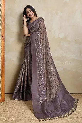 coffee ajrak block art silk handloom saree  with tassels