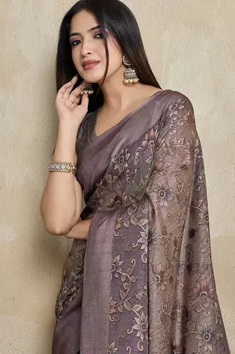 coffee ajrak block art silk handloom saree  with tassels