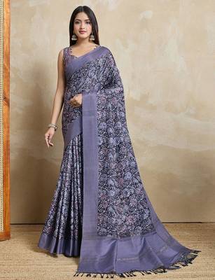 blue ajrak block handloom saree with tassels 1