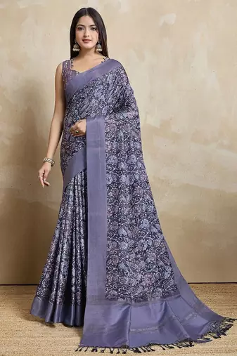 blue ajrak block handloom saree with tassels