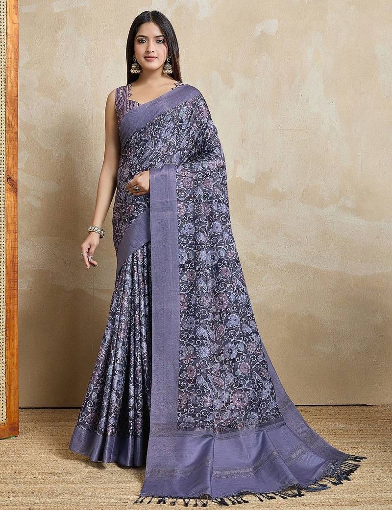 blue ajrak block handloom saree with tassels