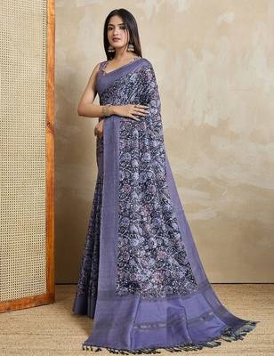 blue ajrak block handloom saree with tassels 2