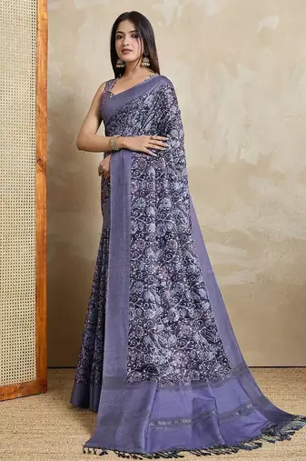 blue ajrak block handloom saree with tassels