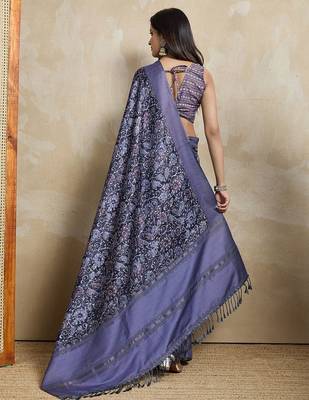 blue ajrak block handloom saree with tassels 3