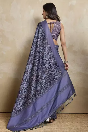 blue ajrak block handloom saree with tassels