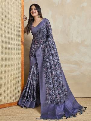 blue ajrak block handloom saree with tassels 4