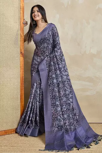 blue ajrak block handloom saree with tassels