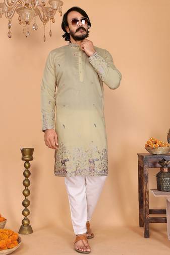 Rani pink heavy linen cotton embroidery sequence work premium designer kurta pajama